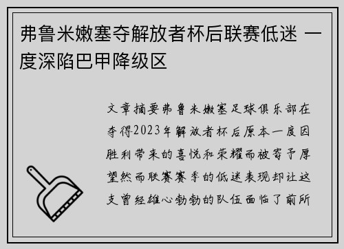 弗鲁米嫩塞夺解放者杯后联赛低迷 一度深陷巴甲降级区